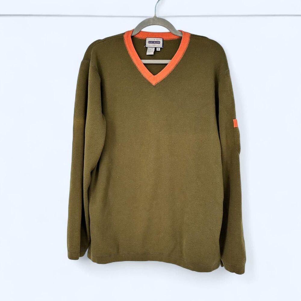 Olive  & Orange Drab Knit V Neck 100% Cotton Sweater Trim Retro Gorpcore Indie